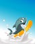 Splashing milk with fit surfing dolphin character flat design vector illustration