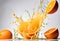 splashing orange juice with oranges against white