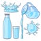 Splashing and pouring water, bottle, jug, glass, isolated vector illustration