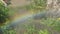 Splashing water in the garden forms a small rainbow