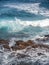 Splashing waves on the rock in the sea. Wave hit the stone in the ocean with a water tube background.