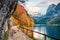 Splendid autumn scene of Vorderer  Gosausee  lake with Dachstein glacieron background. Picturesque morning view of Austrian Alps
