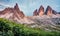 Splendid morning view of  Tre Cime Di Lavaredo mpountain peaks. Fantastic summer scene of Dolomiti Alps, South Tyrol, Italy, Europ