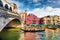 Splendid scene of famous Canal Grande. Colorful spring view of Rialto Bridge. Picturesque morning cityscape of  Venice, Italy,