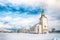 Splendid snowy winter scene of  Valberg church on Lofoten Islands