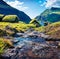 Splendid summer scene of Saksun village with typical turf-top houses. Picturesque morning view of Streymoy island, Faroe, Kingdom