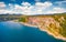 Splendid summer view from flying drone of Marina di Portopiccolo town,Trieste location, Italy, Europe.