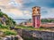 Splendid summer view of Old Venetian Fortress Paleo Enetiko Frourio with Clock Tower. Colorful morning cityscape of Corfu Town,