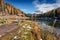 Splendid sunny scene on Antorno lake with Tre Cime di Lavaredo