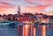Splendid sunset of old fishing town Isola. Colorful spring evening on Adriatic Sea. Beautiful seascape of Slovenia. Traveling
