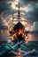 The Splendorous Panorama of a Majestic Sailing Ship in Stormy Seas and a Cloudy Sunset. AI generated