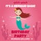 Splish splash, it's a mermaid bash. Birthday party invitation with cute mermaid on pink background. Flat style design.