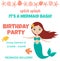 Splish splash, it's a mermaid bash. Birthday party invitation with cute mermaid on white background. Seashell, starfish