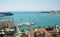 Split, Croatia - 07 22 2015 - Aerial view of the coast from the bell tower, port with ships, beautiful cityscape, sunny day