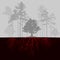 Split illustration with trees and red roots. Fog in forest