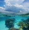 Split image coral underwater and threatening cloud