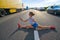 Split legs girl selfie photo in a traffic jam road