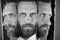 Split personality. face of serious bearded hipster man, businessman reflecting in mirror