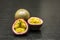 Split ripe fruit of Passiflora edulis.