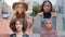 Split screen collage close-up beautiful pretty diverse young women looking at camera multiethnic different females