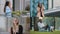 Split screen montage variation diverse four people Caucasian woman on balcony African middle-aged man in park