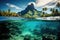 Split underwater photo of beautiful seascape with tropical island and rock, Bora Bora landscape