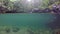 Split underwater view of Bassin Paradise pond in Guadeloupe, Caribbean sea