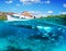 Split view - half underwater view of beautiful seabed with sea fishes and beautiful marine yacht, Turkey, Bodrum