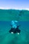 Split view photo with male scuba diver swimming under water