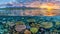 Split view sunset at great barrier reef coral ecosystem, queensland, australia for wallpaper