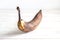 A spoiled darkened banana stands on a white background