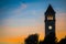 Spokane downtown clock tower in park at sunset