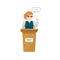 Spokeswoman on podium vector , cartoon woman near tribune speaking