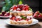 Sponge cake layered with cream and strawberries. AI Generated