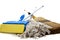 Sponge mop, broom and string mop on white