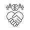 Sponsorship line black icon. Handshake and money. Fundraising vector pictogram. Charity and volunteering symbol. Button for web