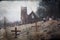 A spooky, abandoned graveyard with a ruined church in the background. With a blurred, vintage, grunge edit