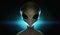 Spooky alien`s face. Blue light in background. 3D rendered illustration.