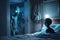 Spooky alien sentient being visits kid in his room at night, illustration, generative AI