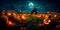 spooky and atmospheric Halloween background with a pumpkin patch, flickering lanterns, and a starry night sky