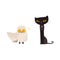 Spooky black cat and white owl, Halloween objects
