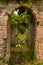 The spooky brick archway of an old abanoned building, surronded by weeds and wild flowers