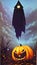 Spooky cartoon style grim reaper floating in the sky above a Halloween pumpkin