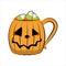 Spooky coffee mug with grinning face. Vector illustration.