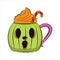 Spooky coffee mug with grinning face. Vector illustration.