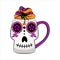 Spooky coffee mug with grinning face. Vector illustration.