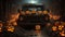 Spooky collection of dozens of Halloween carved pumpkins surrounding and old scary truck outside in the moonlight on