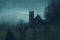 A spooky concept of a ruined church and graveyard in the countryside on a moody, foggy winters evening. With a grunge, abstract