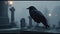 Spooky crow perched on tombstone in dark, foggy cemetery generated by AI