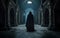 Spooky dark hooded figure walks along an abandoned hall, created with generative AI